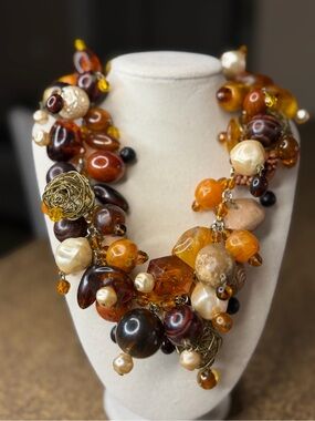 Cecile Jeanne Paris Vintage Statement Chunky Bead Necklace in Amber and Gold